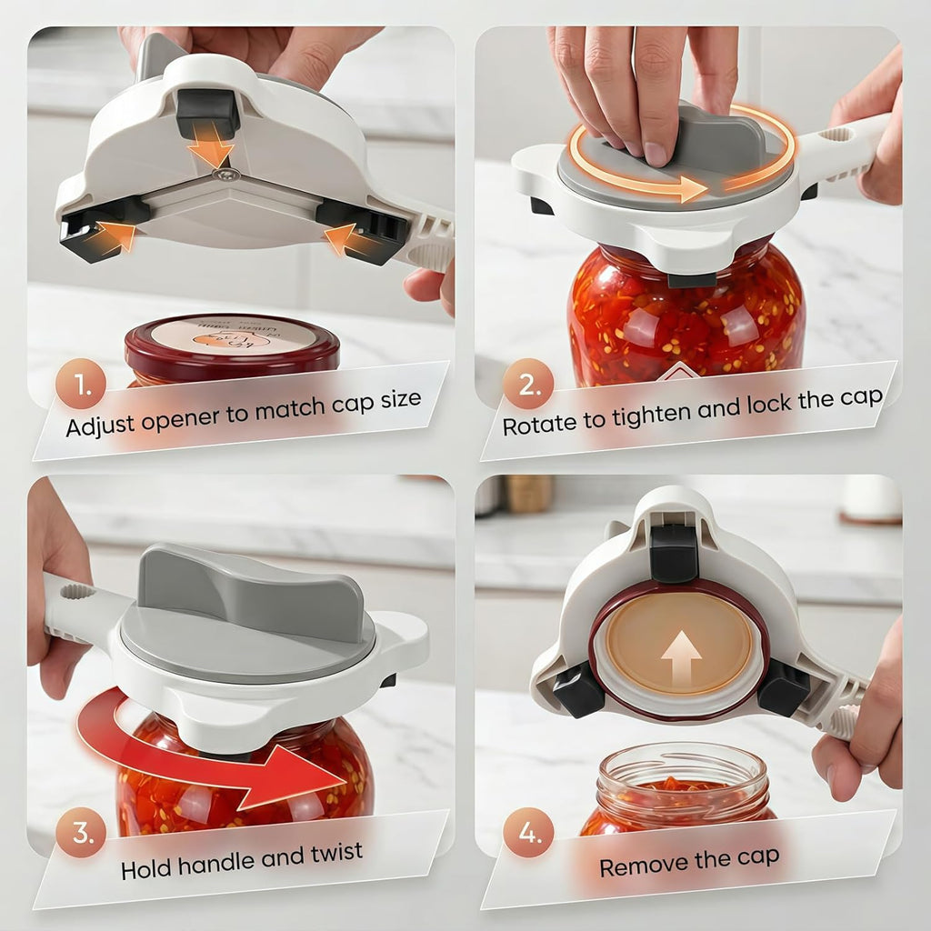 4-in-1 Adjustable Jar Opener by [Brand Name] - Ergonomic Non-Slip Handle for Seniors | Multi-Size Lid Remover (Grey)