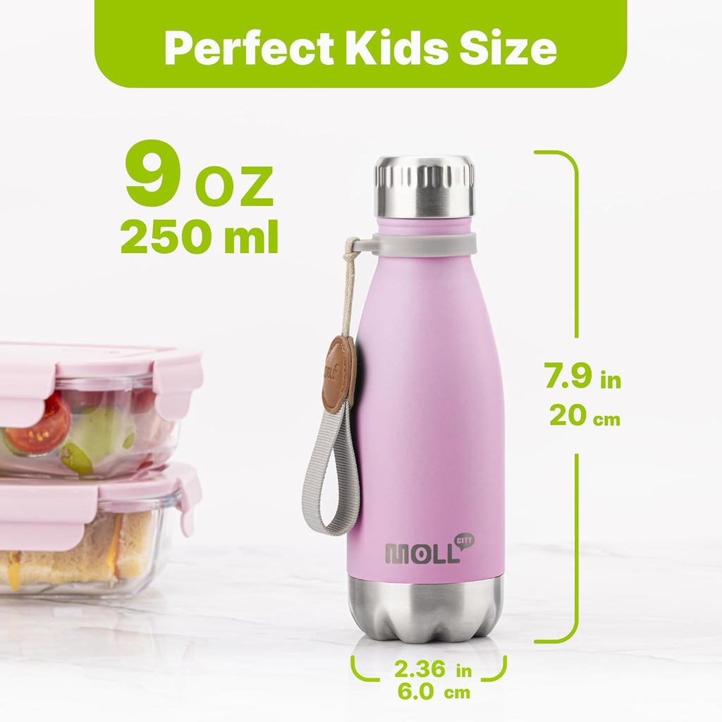 Skiennix Kids Water Bottle - 9 oz Stainless Steel Insulated Mini Bottle | Leak-Proof Cola Shape (Pink/Purple)