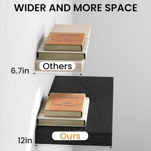 Fun Memories 12-Inch Deep Black Floating Shelf - Rustic Wood Wall Shelf for Storage & Display | 2-Pack
