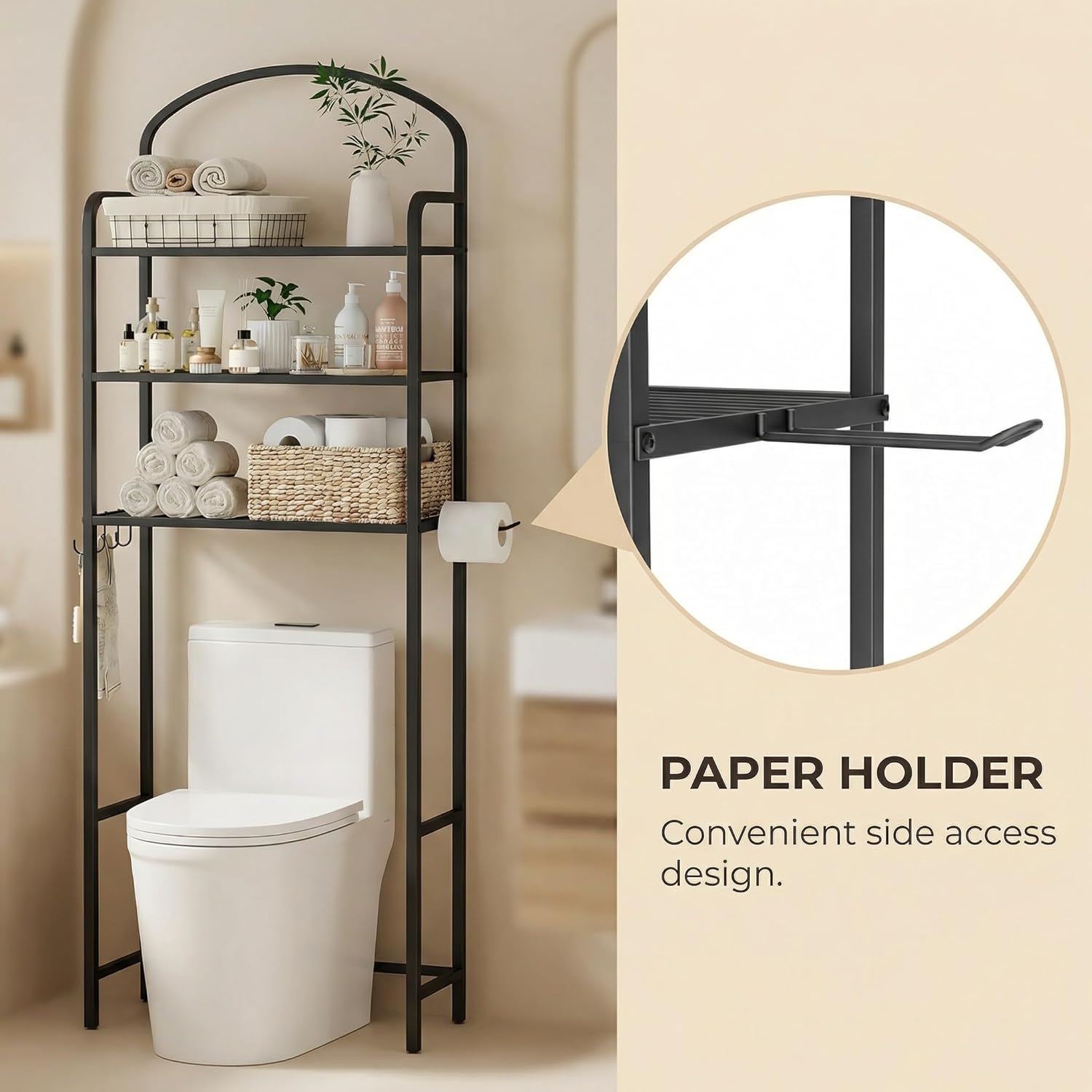 Regine Switzerland Over The Toilet Storage Rack - 3-Tier Bathroom Organizer with Hooks & Paper Holder - Black Metal Shelf