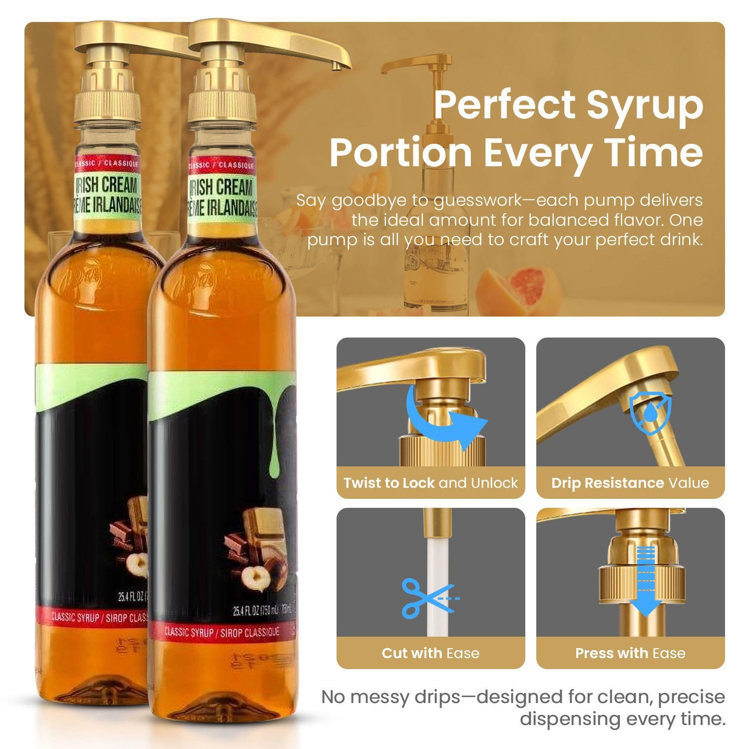 Skiennix Gold Plastic Syrup Pumps - 2-Pack for 750ml Bottles - Ideal Coffee Dispenser, Not for Glass