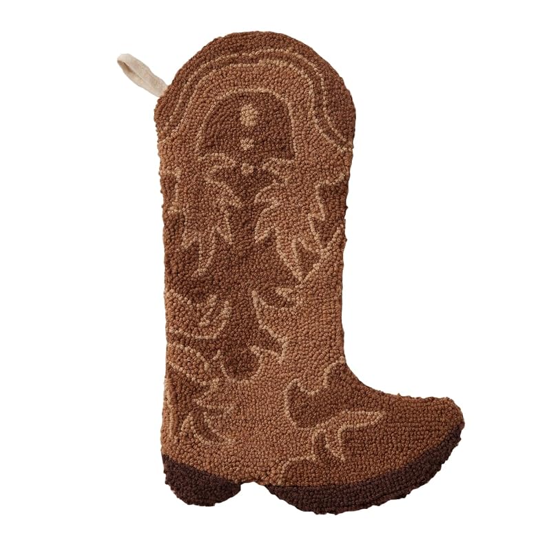 Brown Cowboy Boot Hook Stocking – Wool & Cotton Hand-Hooked Decor