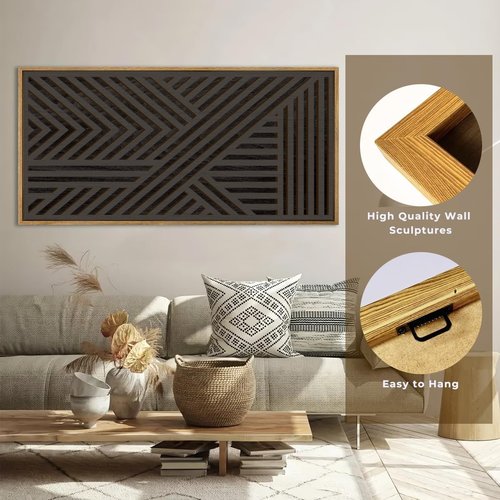 IARTTOP Extra Large Black Wood Wall Art - Framed Abstract Geometric Decor 20x40 Inch for Modern Spaces