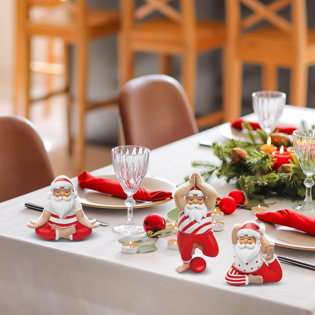 DoubleFill 3 Pcs Christmas Yoga Santa Figurines Table Decorations Wooden Yogi Santas in Yoga Poses Figurine Xmas Table Decoration for Christmas Party Home Office Desk Mantle Party Supplies
