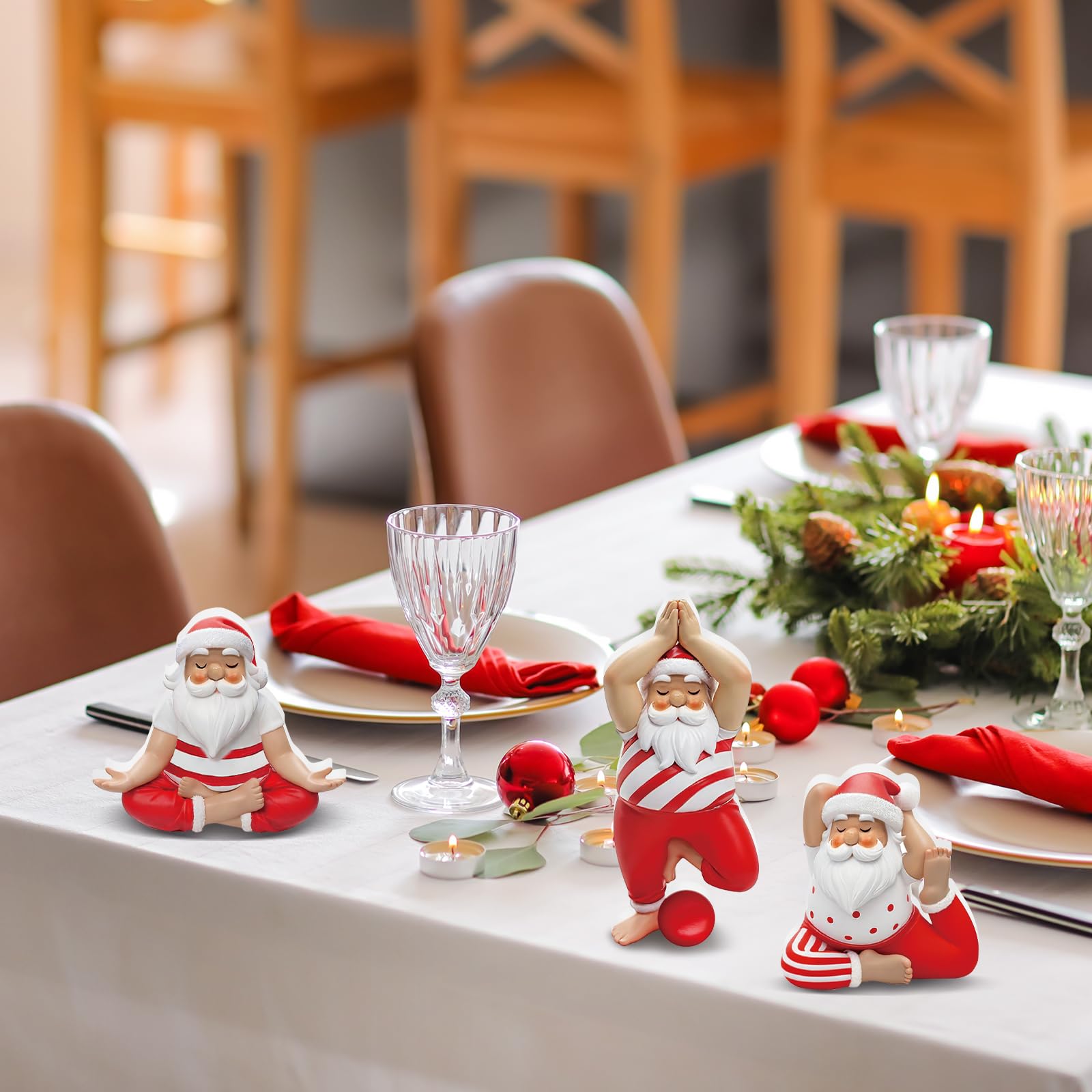 DoubleFill 3 Pcs Christmas Yoga Santa Figurines Table Decorations Wooden Yogi Santas in Yoga Poses Figurine Xmas Table Decoration for Christmas Party Home Office Desk Mantle Party Supplies