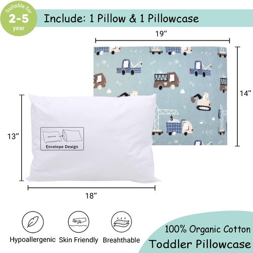 ZPECC Toddler Pillow with Pillowcase - 13x18 Organic Cotton Hypoallergenic Kids Pillow, Baby Essentials for Travel Crib Daycare Stroller (Intended for Age 2 and up) Truck