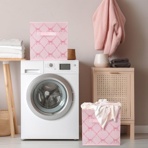 Geelin 6 Pcs Light Pink Bow Storage Bins - 11 Inch Collapsible Fabric Organizer for Home & Office