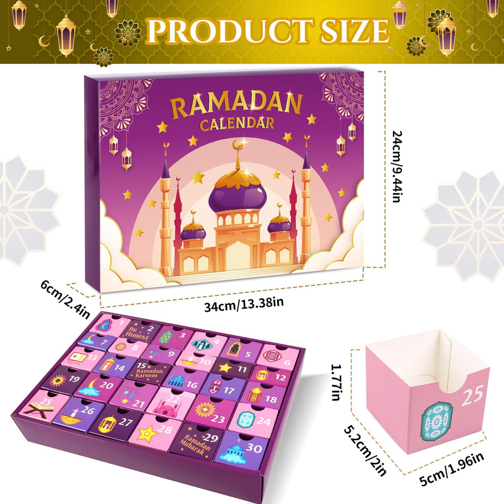 MOVINPE Ramdan Calendar with Drawers 2026 Ramadan Gifts for Kids, 30 Pre-Assembled Empty Boxes Eid Mubarak Coutdown Calendar Fillable Islamic Art Gift Box, Ramadan Party Supplies (Purple)