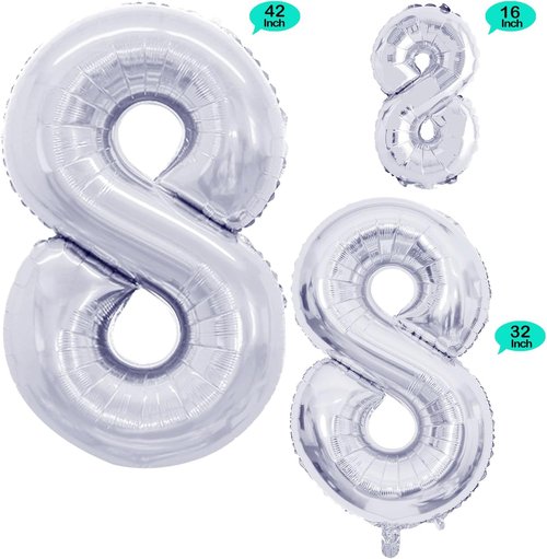 GOER Silver Foil Number 8 Balloons - Huge 42-Inch Birthday Party Decorations (3 Pcs)