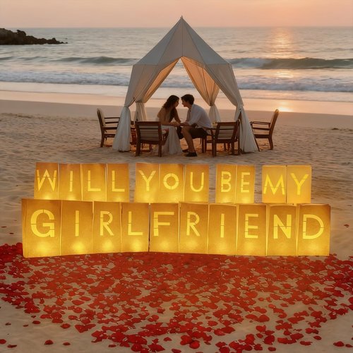 Will You Be My Girlfriend Decorations – Valentine’s Day Surprise Set with Light Up Letters, 30 Tea Light Candles, 2000 Rose Petals, 10 Balloons – Luminary Bags for Romantic Setup