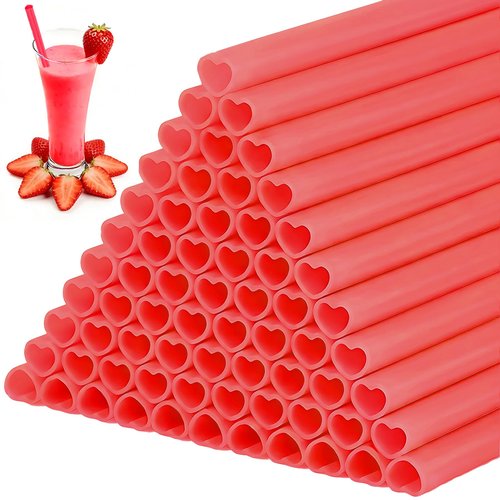Valentines-Day-Heart-Shaped-Straws-Party-Supplies-Decorations-100 PCS | Dishwasher Safe & Reusable Thick Heart Red Drinking Straws for Cocktail Wedding Bridal Shower Galentines Birthday Party Favors