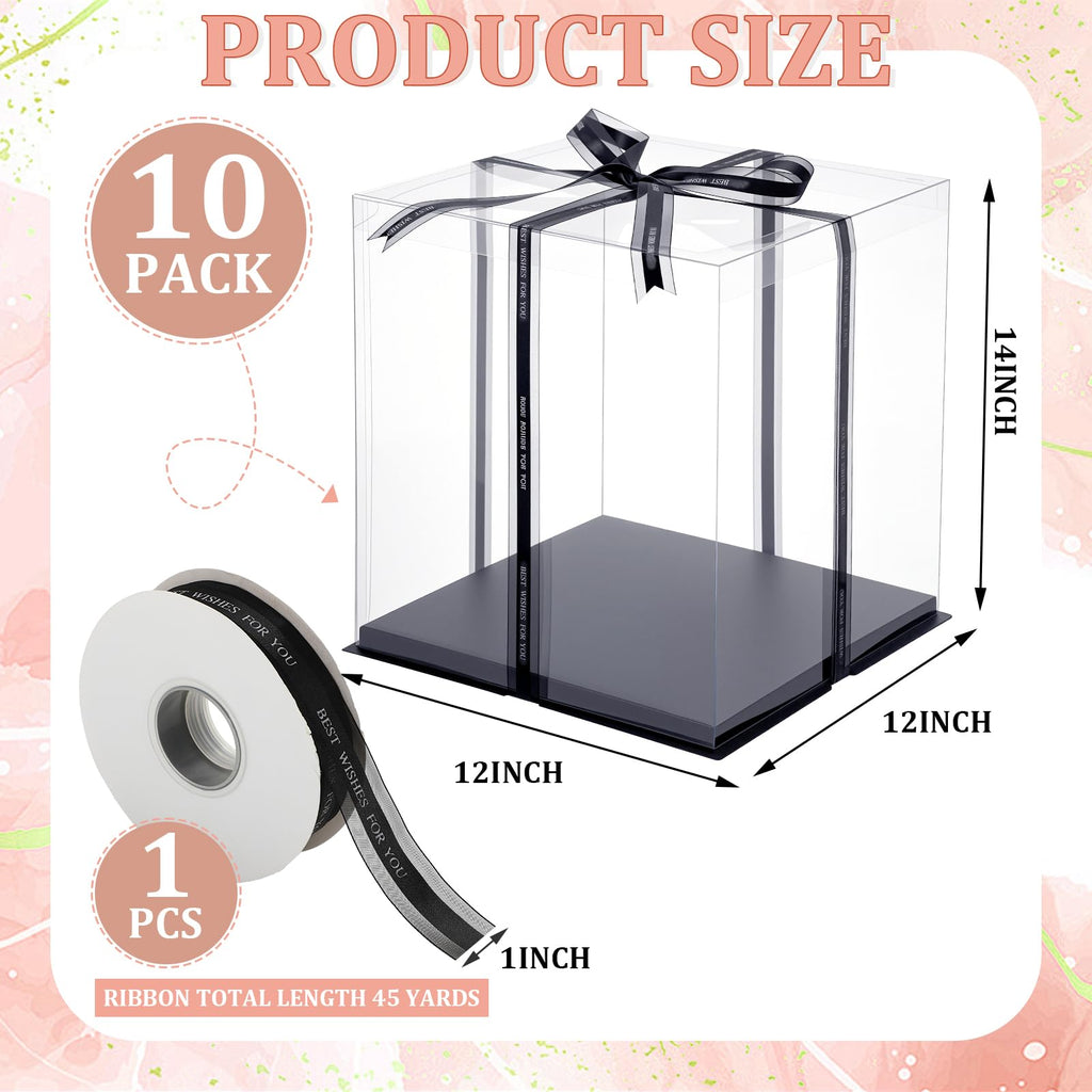 Maxdot 10 Pcs Transparent Tall Cake Boxes 12" x 12" x 14" Large Clear Cake Box with Ribbon Cake Carrier PET Wedding Cake Storage Container Clear Gift Boxes for Party Birthday Dessert Display (Black)