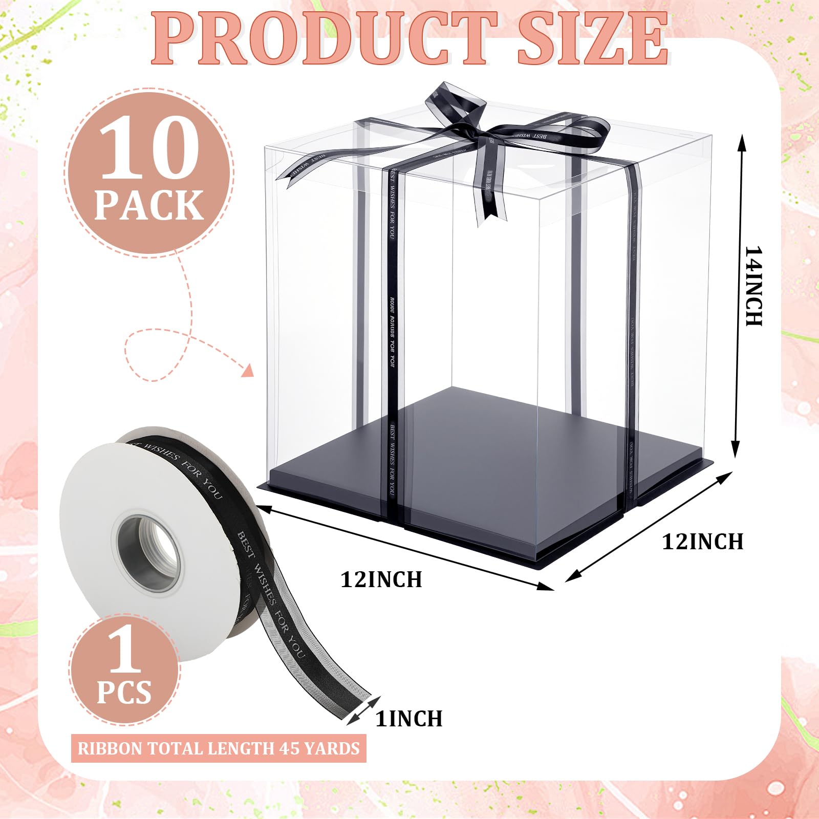 Maxdot 10 Pcs Transparent Tall Cake Boxes 12" x 12" x 14" Large Clear Cake Box with Ribbon Cake Carrier PET Wedding Cake Storage Container Clear Gift Boxes for Party Birthday Dessert Display (Black)