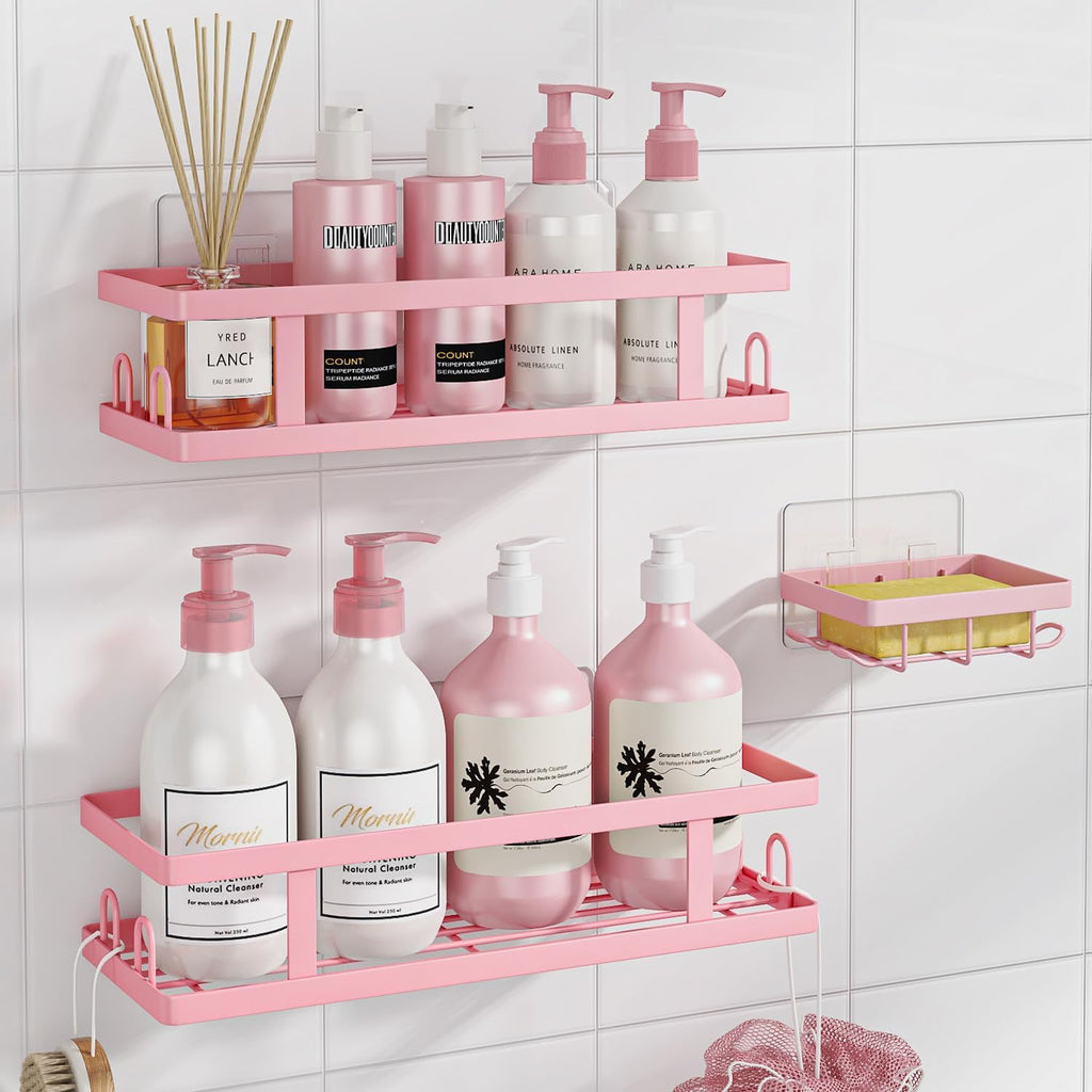 Youvip Adhesive Shower Caddy - No-Drill Bathroom Organizer with Soap Holder & 12 Hooks | Pink, 3 Pack