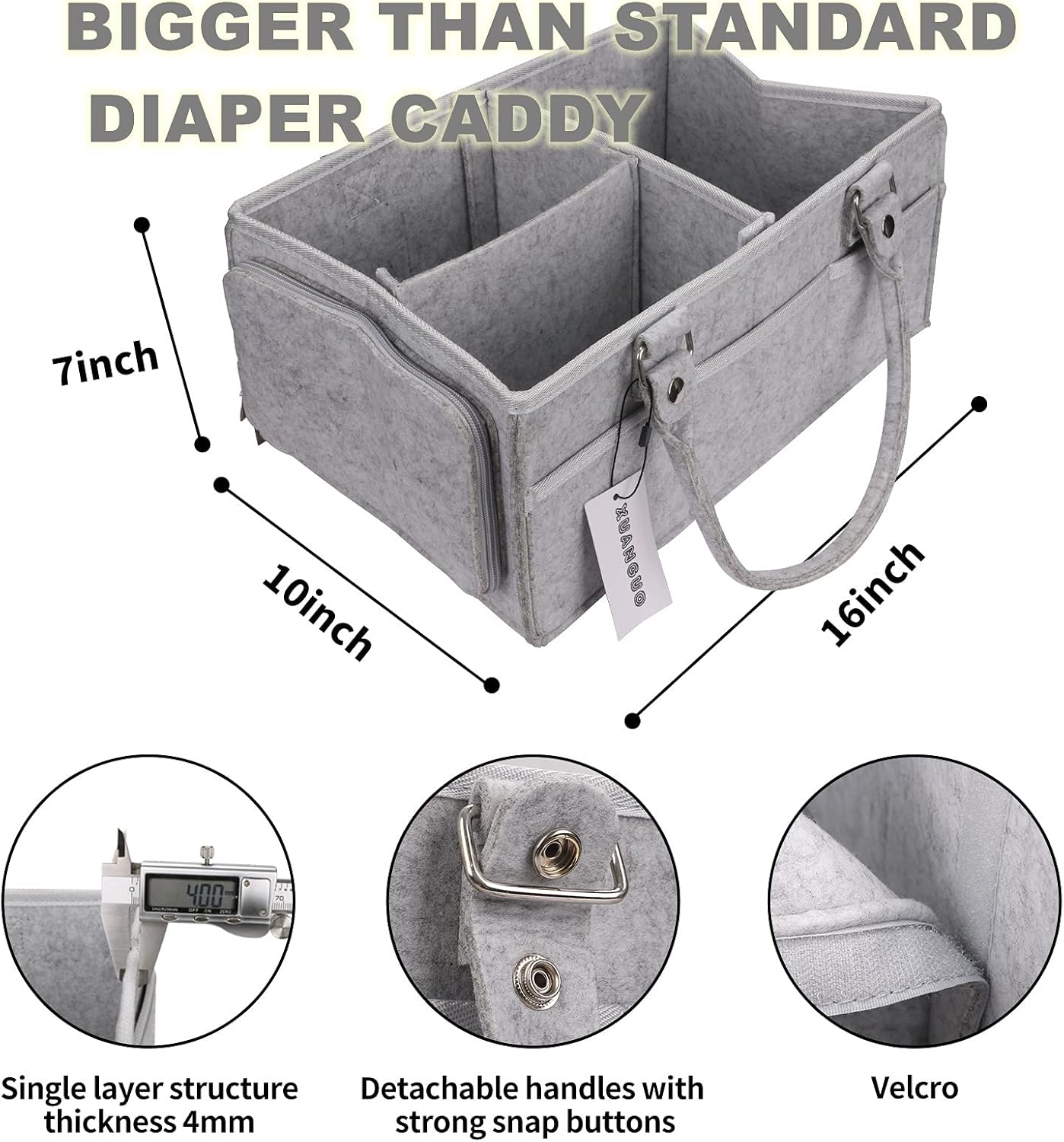 XUANGUO Baby Diaper Caddy Organizer - Portable Grey Nursery Storage Tote with Handle for Newborn Essentials