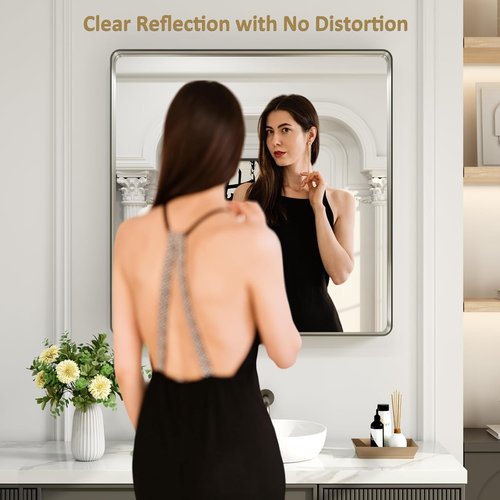 LOAAO Brushed Nickel Bathroom Mirror - 30x30 Inch Rounded Rectangle Design | Anti-Rust & Shatter-Proof