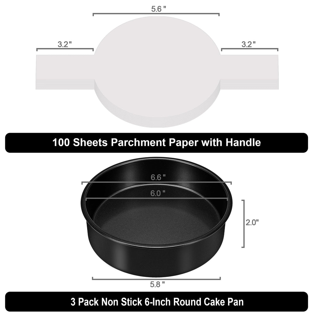 AWTBDP 6 Inch Cake Pans Set of 3, Smash Cake Pans with 100PCS Parchment Paper for Layer Cakes, No-Stick Round Cake Pan Sets for Baking, Durable Baking Pan Set for Christmas Birthday, Dishwasher Safe