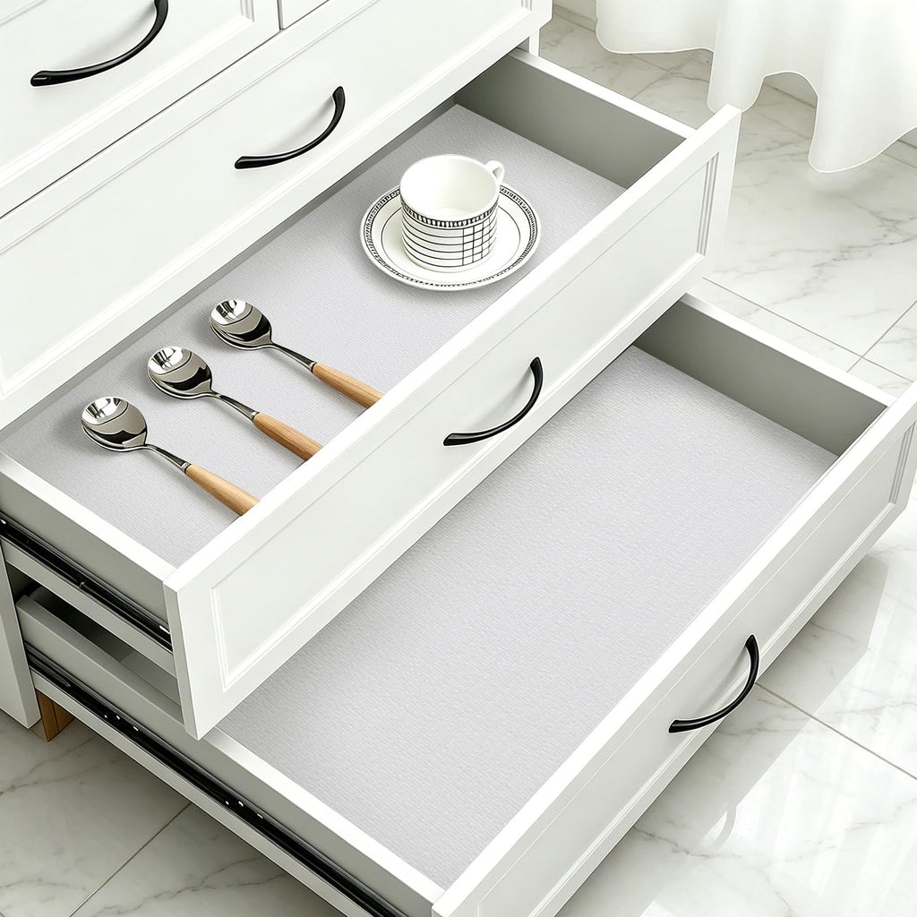 MIAONET 18" x 360" Shelf and Drawer Liner for Kitchen Cabinets Non-Adhesive Easy Cut Non-Slip Shelves Paper, Durable Washable Cupboards liners Protector Cabinet Bathroom Drawers Pantry Shelving, White