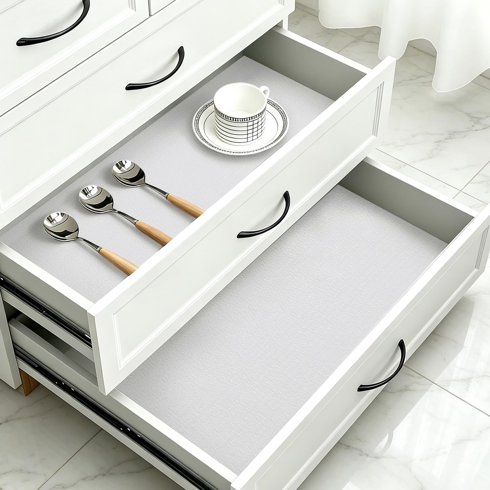 MIAONET 18" x 360" Shelf and Drawer Liner for Kitchen Cabinets Non-Adhesive Easy Cut Non-Slip Shelves Paper, Durable Washable Cupboards liners Protector Cabinet Bathroom Drawers Pantry Shelving, White
