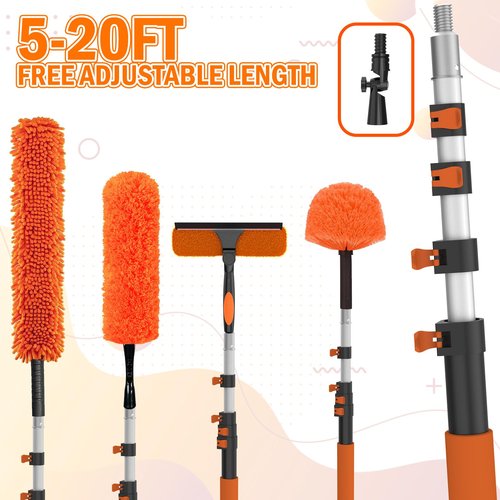 LAANPOLE 26FT High Reach Duster Cleaning Kit with Extension Pole, High Ceiling Fan Cleaner Duster Tool for Fan Blades, Window Washing Kit with Microfiber Feather Duster & Window Squeegee