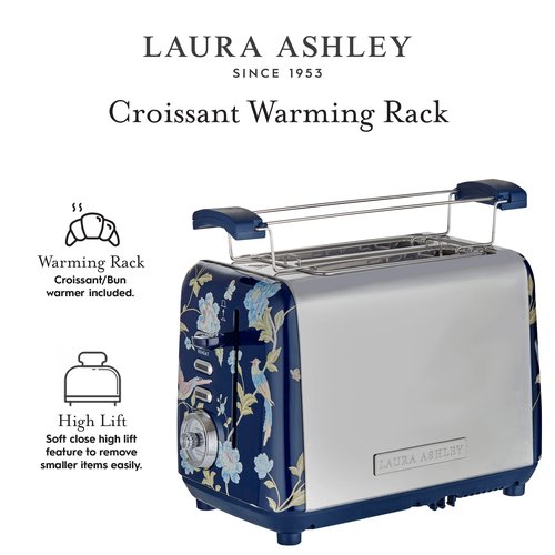 VQ Laura Ashley Elveden Navy Stainless Steel 2 Slice Toaster | Multi-Functional Bagels & Bread Toaster 2 Slice with Adjustable Heating & Defrost Mode | Featuring 2 Wide Slots, Croissant Warming Rack