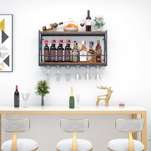 Dokser Wine Rack Wall Mounted Shelf - 2 Tier, Rustic Wood & Industrial Iron Frame Wine Bottle Holder for Kitchen, Dining Room, Home Bar Decor (Brown)