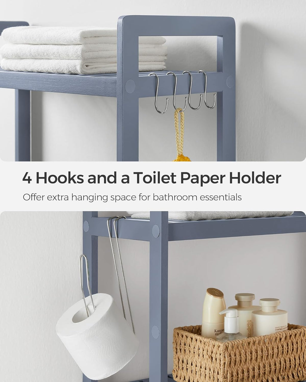 SONGMICS Over The Toilet Bathroom Organizer - 3-Tier Adjustable Shelf, Space-Saving Design, Gray, 10.2 x 24.8 x 66.9 Inches