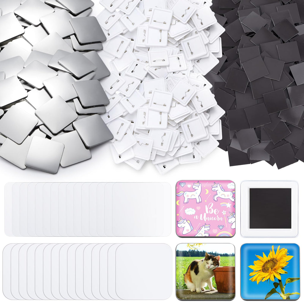 Teenyyou 50mm/ 2 Inch Button Craft Press Supplies Square Button Part DIY Fridge Magnets Craft Set Including Magnet, Metal Cover, Plastic Back Cover, Pin,Transparent Film,Blank Paper (200 Sets,Plastic)