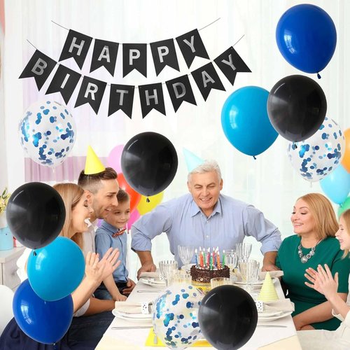 ANSOMO Happy Birthday Party Decorations - Blue & Black Banner, Balloons & Pom Poms | Perfect for All Ages