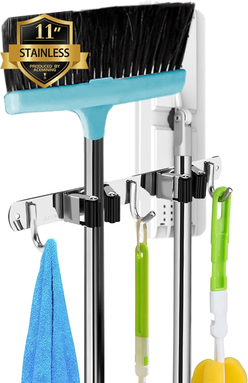 Skiennix Wall-Mounted Broom and Mop Holder | Heavy-Duty Stainless Steel Organizer with 2 Racks & 3 Hooks