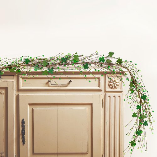 St Patricks Day Shamrock Garland Decorations with Berries Green Clover Decor for Mantel Table Fireplace Door