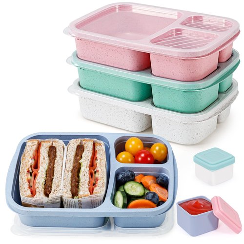 Caperci Wheat Straw Bento Lunch Box Containers for Adults & Kids - 3-Compartment Reusable Meal Prep Containers for School, Work, Travel, Set of 4 (Multicolor & Clear Lids)
