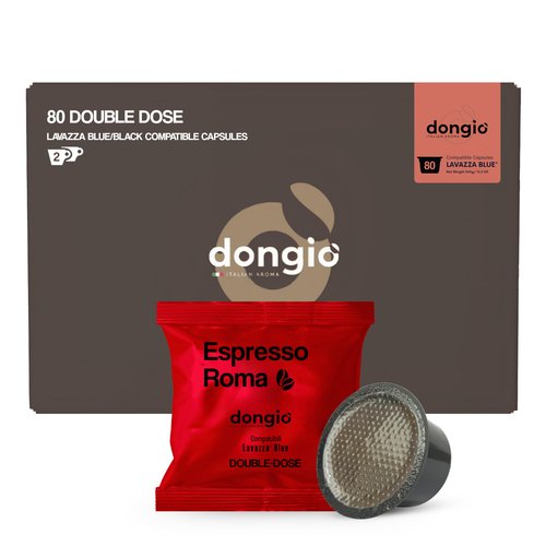 Dongiò Caffè Espresso Roma - 80 Double-Dose Espresso Capsules compatible with Lavazza Blue/Black systems, Med-Dark Roast Coffee (Intensity 7/10) - Roasted and Blended in Italy