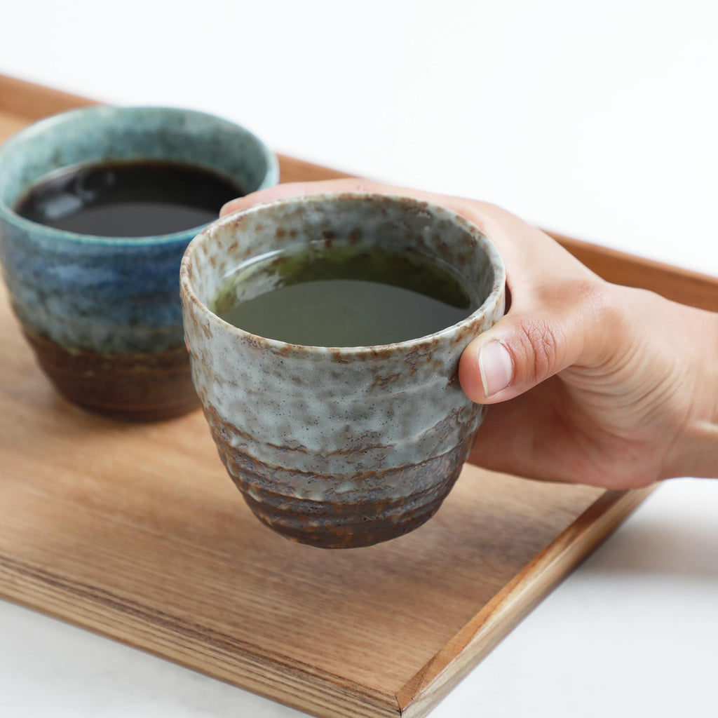 Asayu Japan Handpainted Glazed Ceramic Tea Cups Set of 2 6.7oz (200ml), Made in Japan MIno Ware Pottery Glass for Hot and Cold Drinks - 2PCS Mino Glaze Tea Cup Set