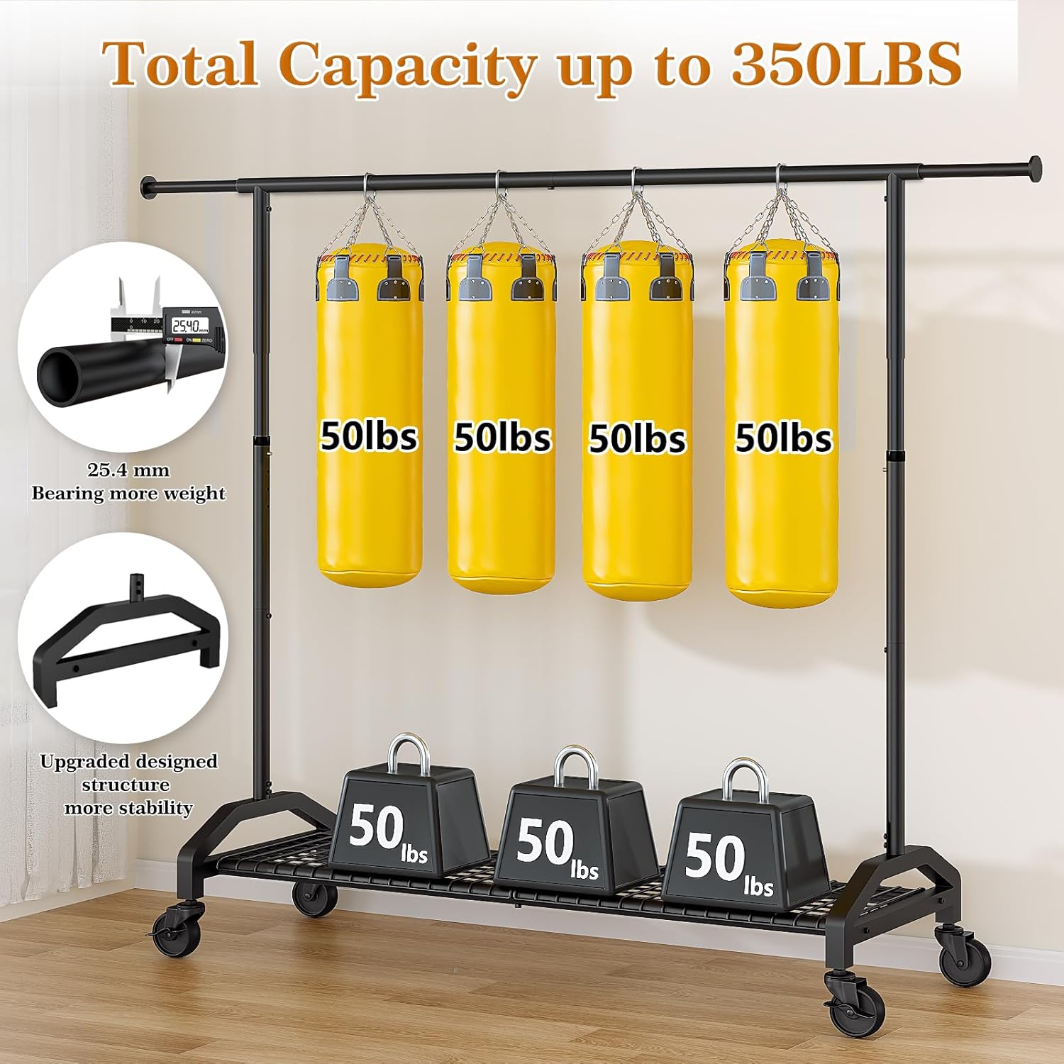 Wiracks Heavy Duty Clothes Rack - Adjustable Rolling Garment Rack with 350lbs Capacity | Black, 51-71" W x 16.53" D x 65-71" H
