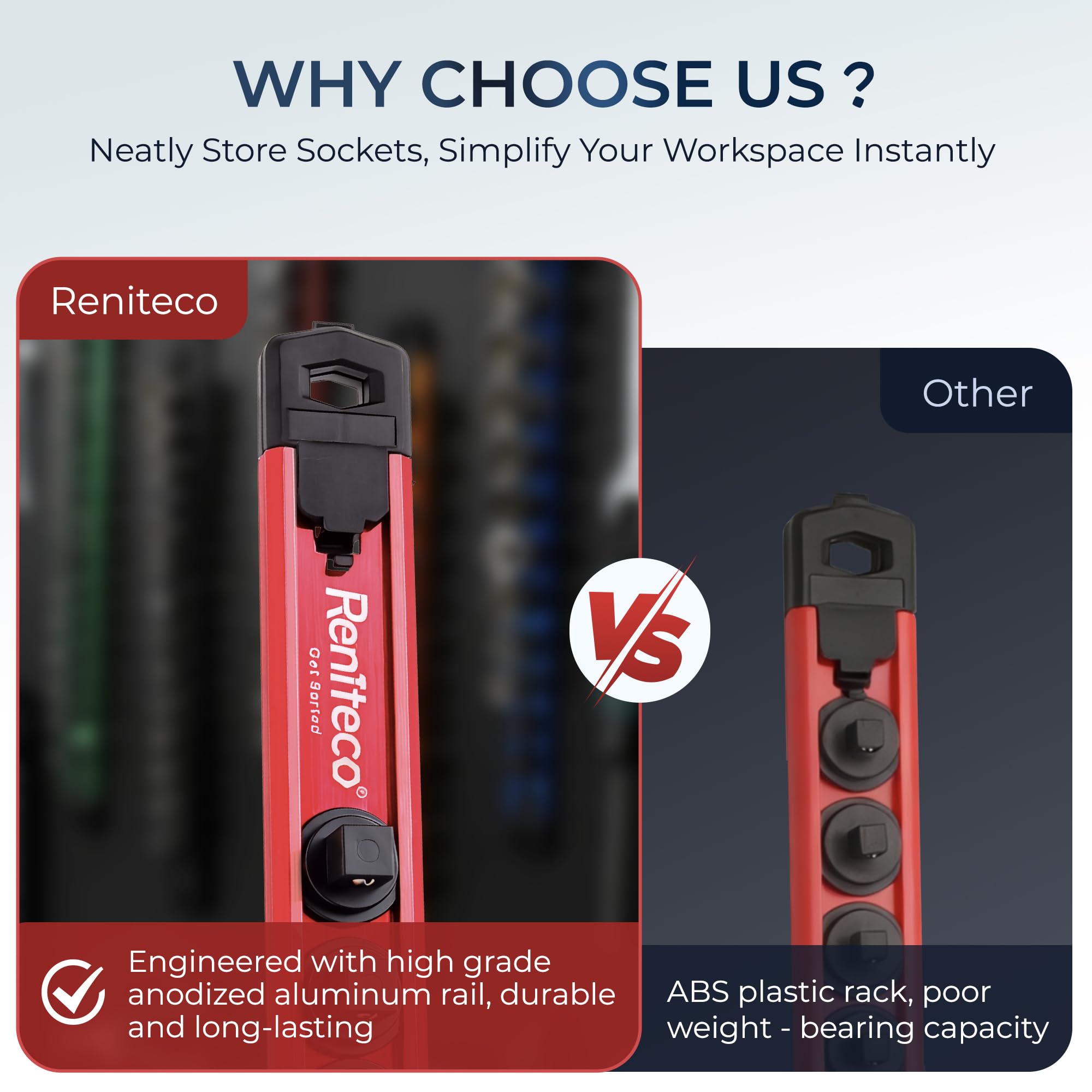 Reniteco Magnetic Socket Organizer Set, 3PC 3/8-Inch Drive Aluminum Alloy Socket Rail, Heavy Duty Magnetic Socket Holder for Tool Box Drawer, 360° Swivel Socket Rack, 3/8" x 42 Clips, Red
