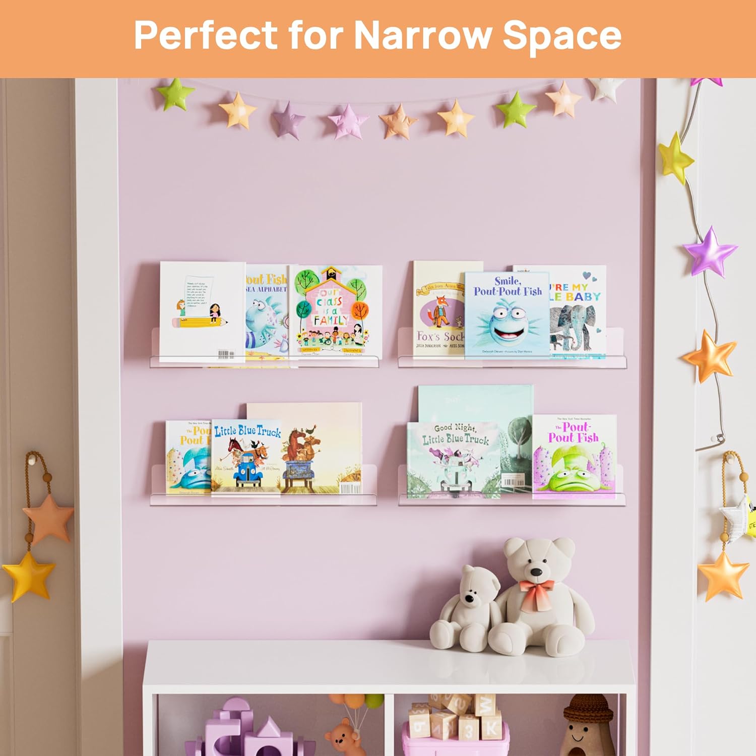 Upsimples Acrylic Floating Shelves - 15" Wall Organizer for Bathroom, Bedroom & Nursery | Clear 4-Pack