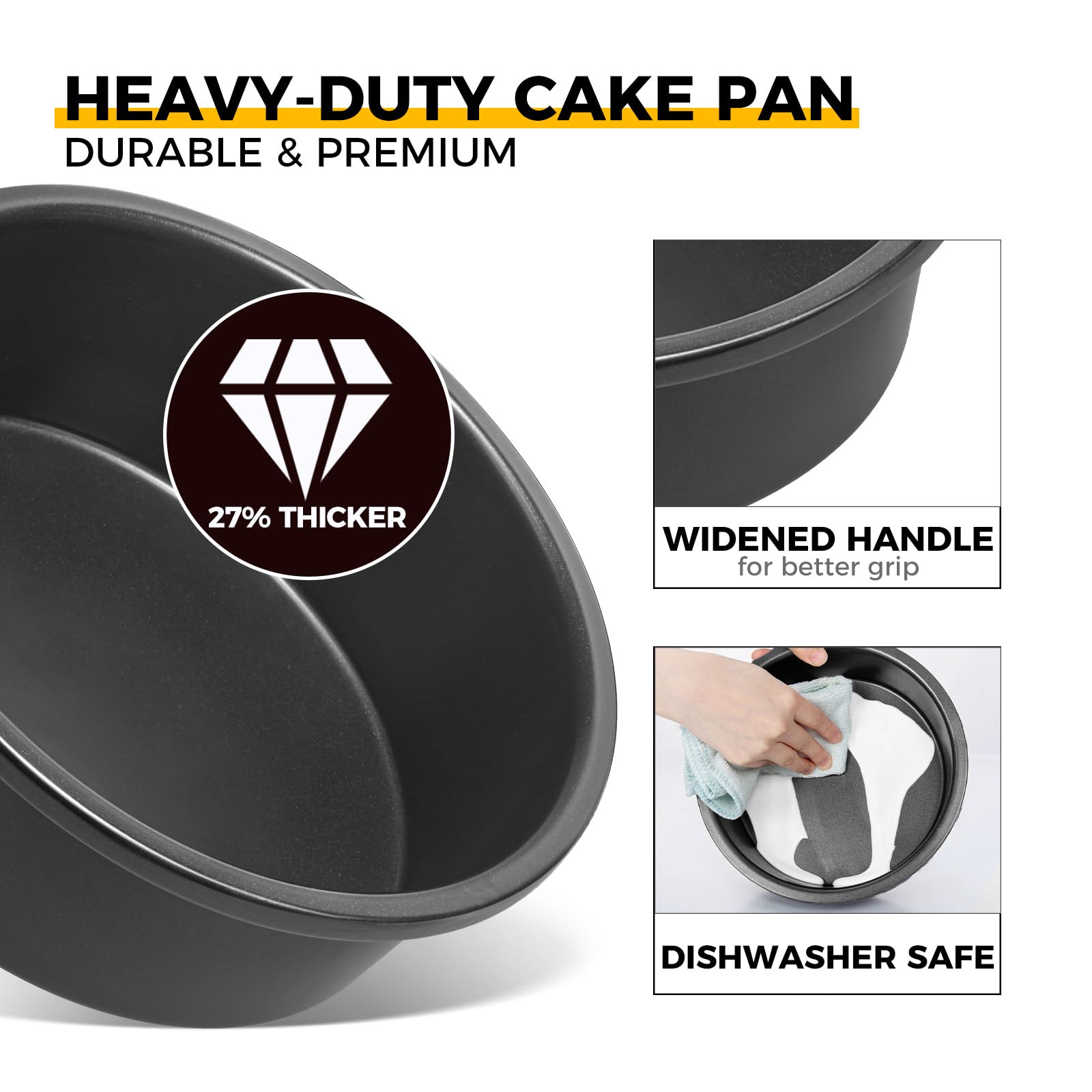 HONGBAKE 6 Inch Round Cake Pan Set for Baking with Healthy Parchment Paper, Nonstick Deeper Circle Cake Pans with Wider Grips, 3 Pieces Premium Layer Cake Tin, Cheesecake Mold, Huty Duty - Grey