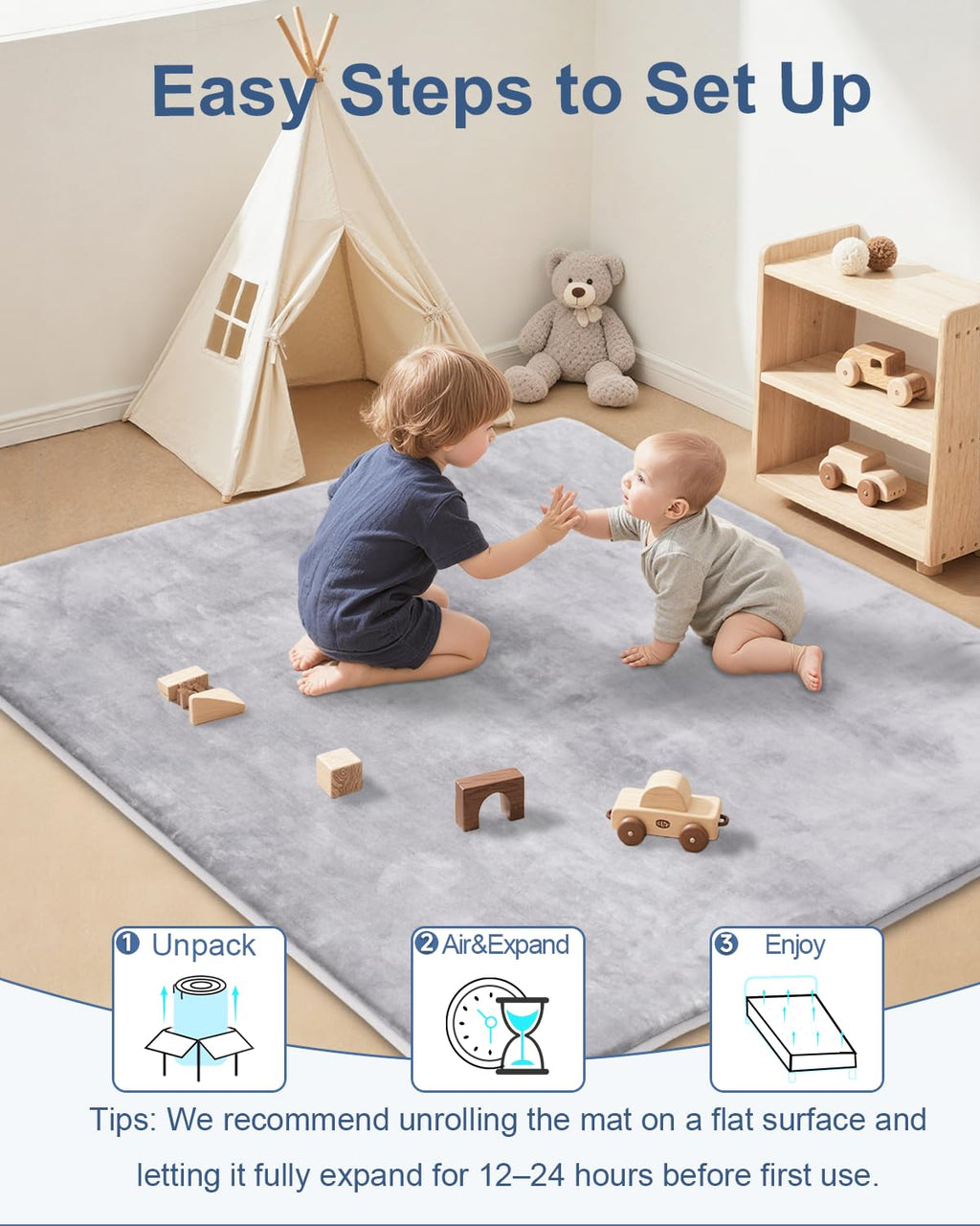 SEPARO Thick Baby Play Mat - Ultra Soft Foam Tummy Time Mat | Non-Slip Cushioned 50 x 50 Grey Design