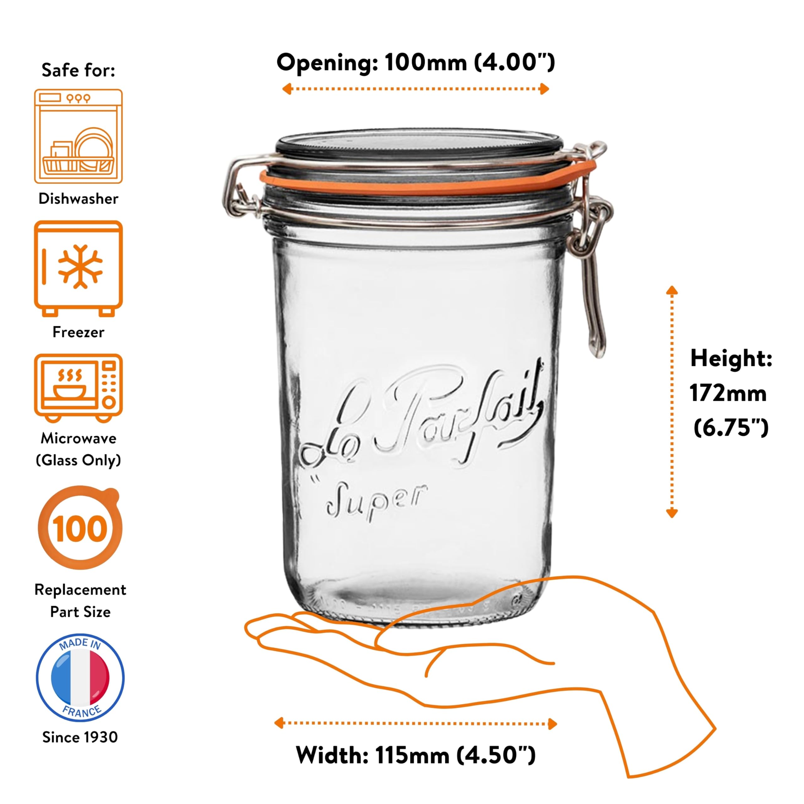 Le Parfait Super Terrine 1L (32oz) Zero Waste Eco-Friendly Glass Canning Jars, Airtight Rubber Seal & Wire Bail Lid, BPA-Free, Water Bath Safe for Food Storage & Preserving, Made in France, 4PK
