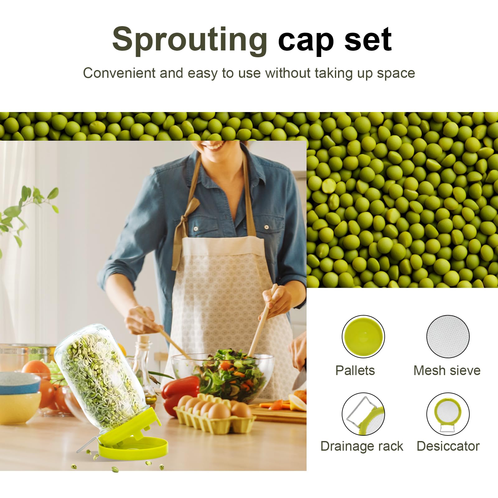 Wide Mouth Mason Jar Sprouting Kit with Sprouting Lids and Drainage Tray - Ideal for Bean, Alfalfa Sprouts and Microgreens, Vertical and Angled Placement Support（One lid and one drip tray）