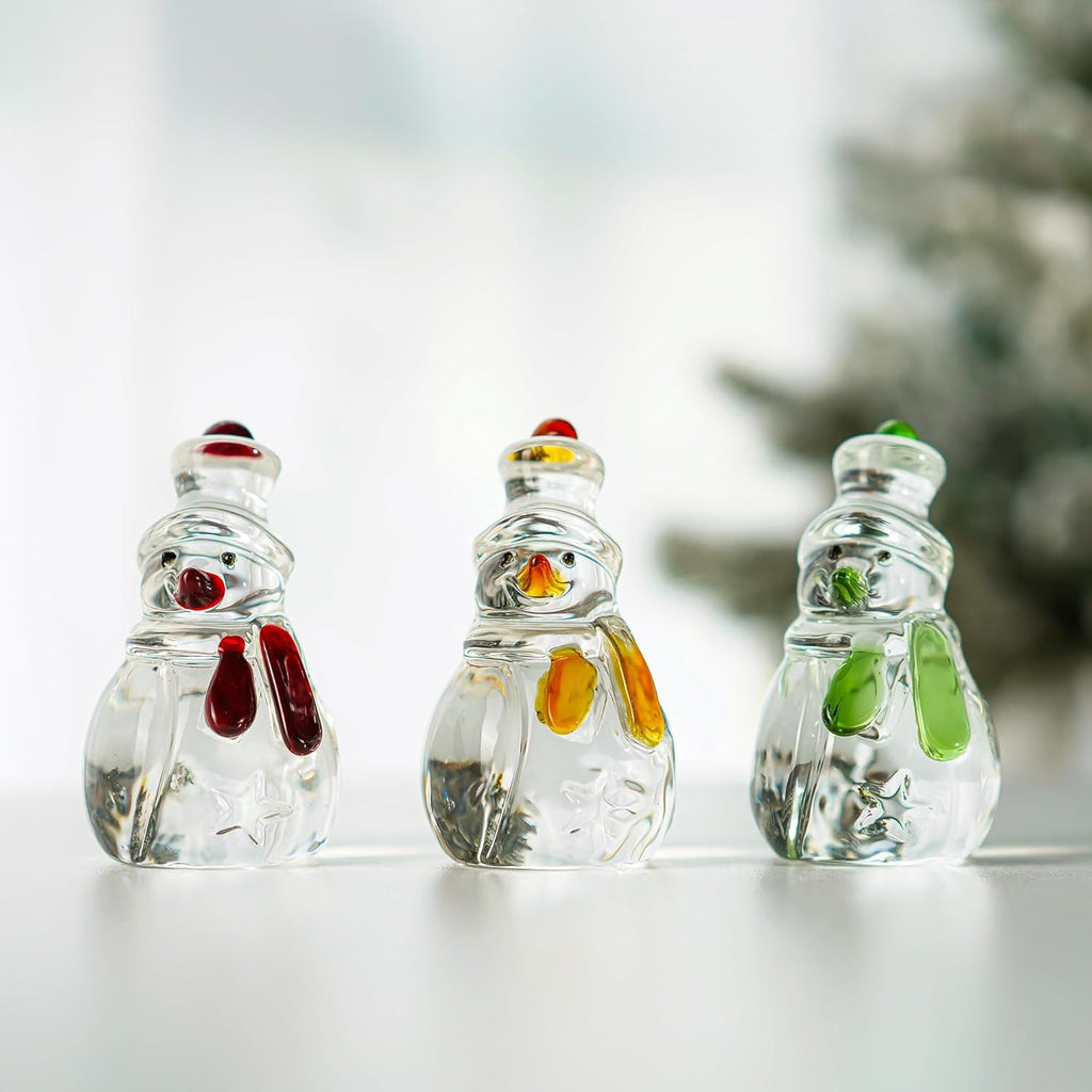 Skiennix Glass Snowman Figurines - Handmade Christmas Decorations | Set of 3, 1.6'' x 4.2''