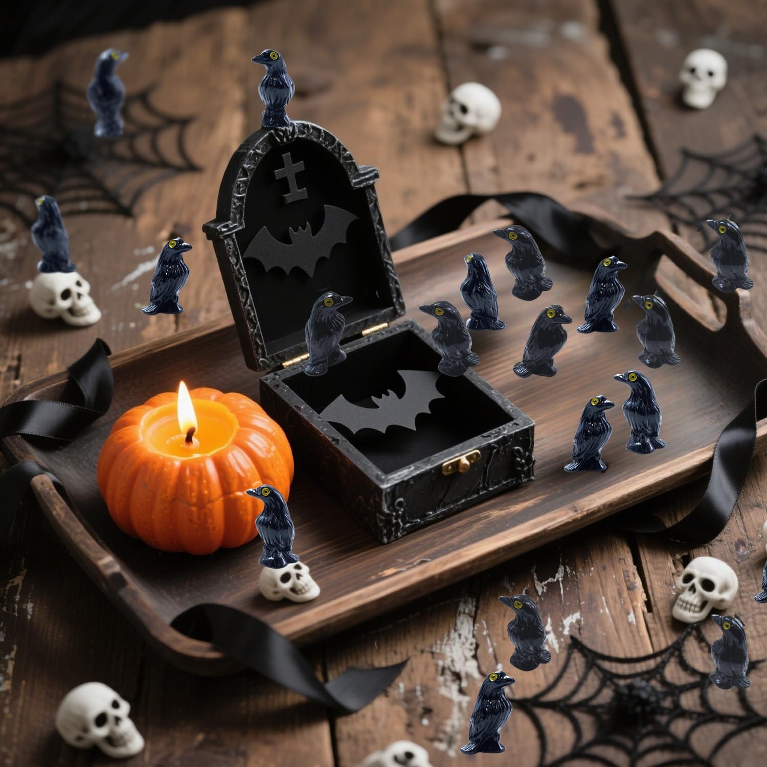 Skiennix Miniature Crows Figurines - 60 Black Raven Decorations for Halloween Crafts & Dollhouse Decor
