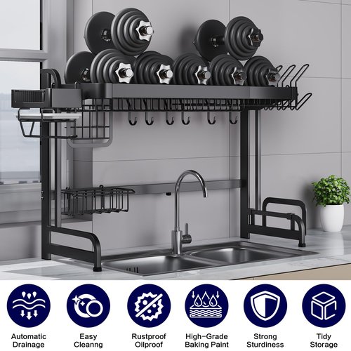 LIVOD Over Sink Dish Drainer Drying Rack, 2 Tier Full Stainless Steel Storage Adjustable Length Kitchen Rack, Multifunctional Expandable Counter Organizer, Space Saver Dish Rack