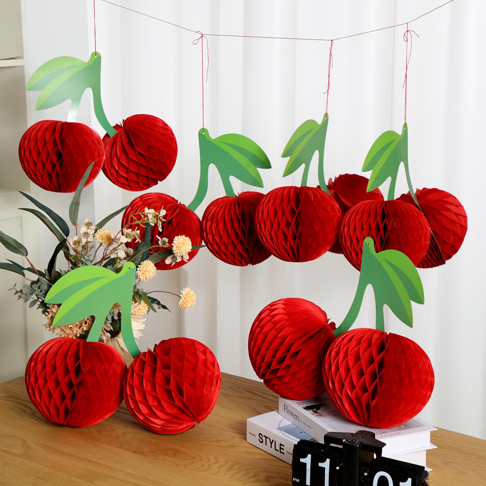 Sonwyoung Cherry Birthday Party Decorations Hanging Paper Honeycomb Cherry Table Centerpieces Paper Lanterns for Ceiling Fruit Party Decor(Red)
