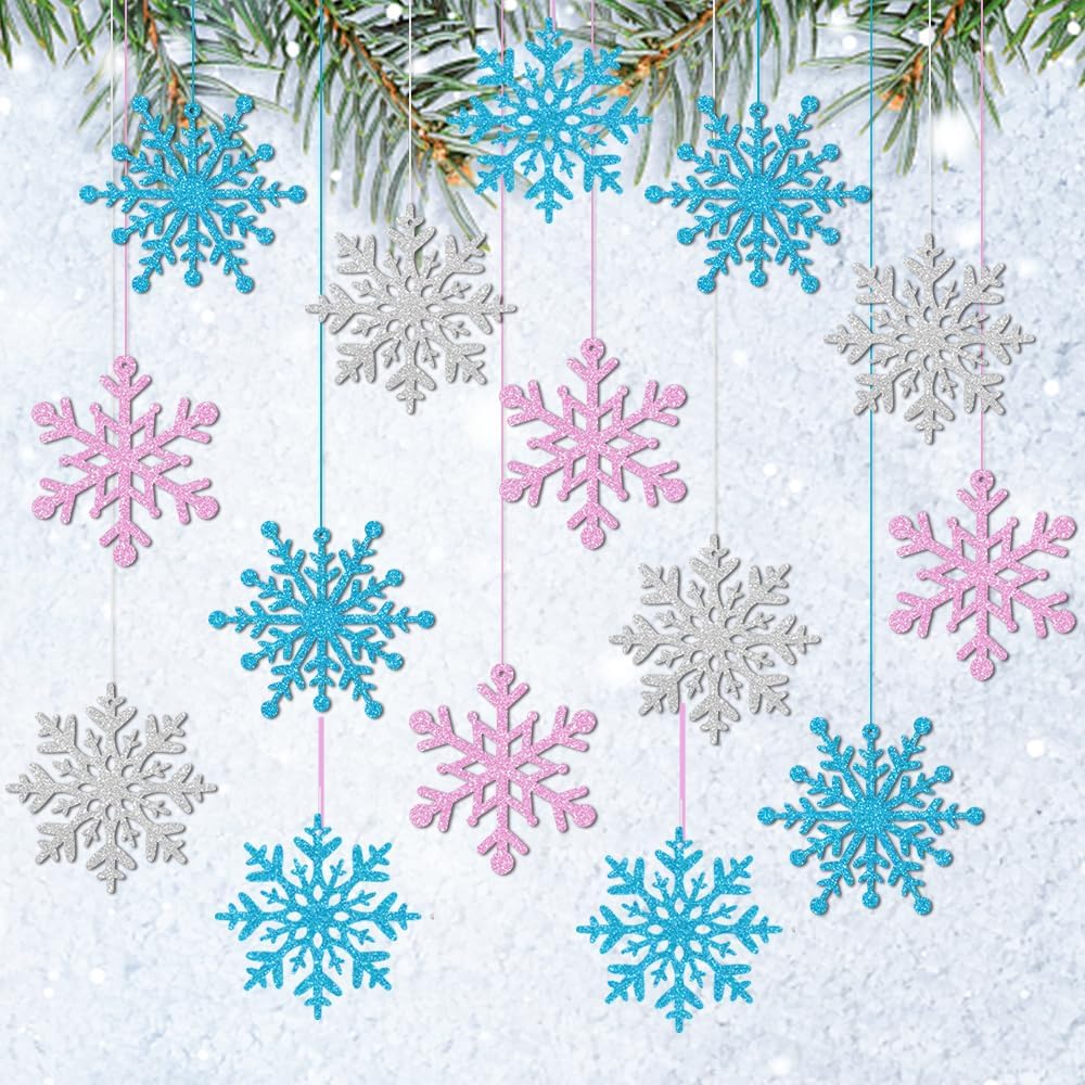 Skiennix Winter Snowflake Hanging Ornaments - Sparkly Ceiling Streamers for Holiday Decor | Glitter Pink, Blue, Silver