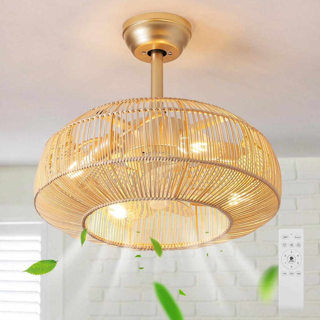 mnikopE 20" Boho Rattan Ceiling Fan with Lights, Flush Mount Caged Ceiling Fan 6 Speed, Timing, Reversible Blades Enclosed Farmhouse Fan Lights for Bedroom, Kitchen