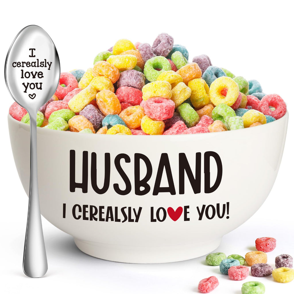 Husband Gifts from Wife, Valentines Day Gifts for Him Husband, Ceramic Bowl & Spoon Set for Cereal, Ramen, Soup, Ice Cream, Salad, Fruit - Perfect for Birthday Christmas Valentines Wedding Anniversary