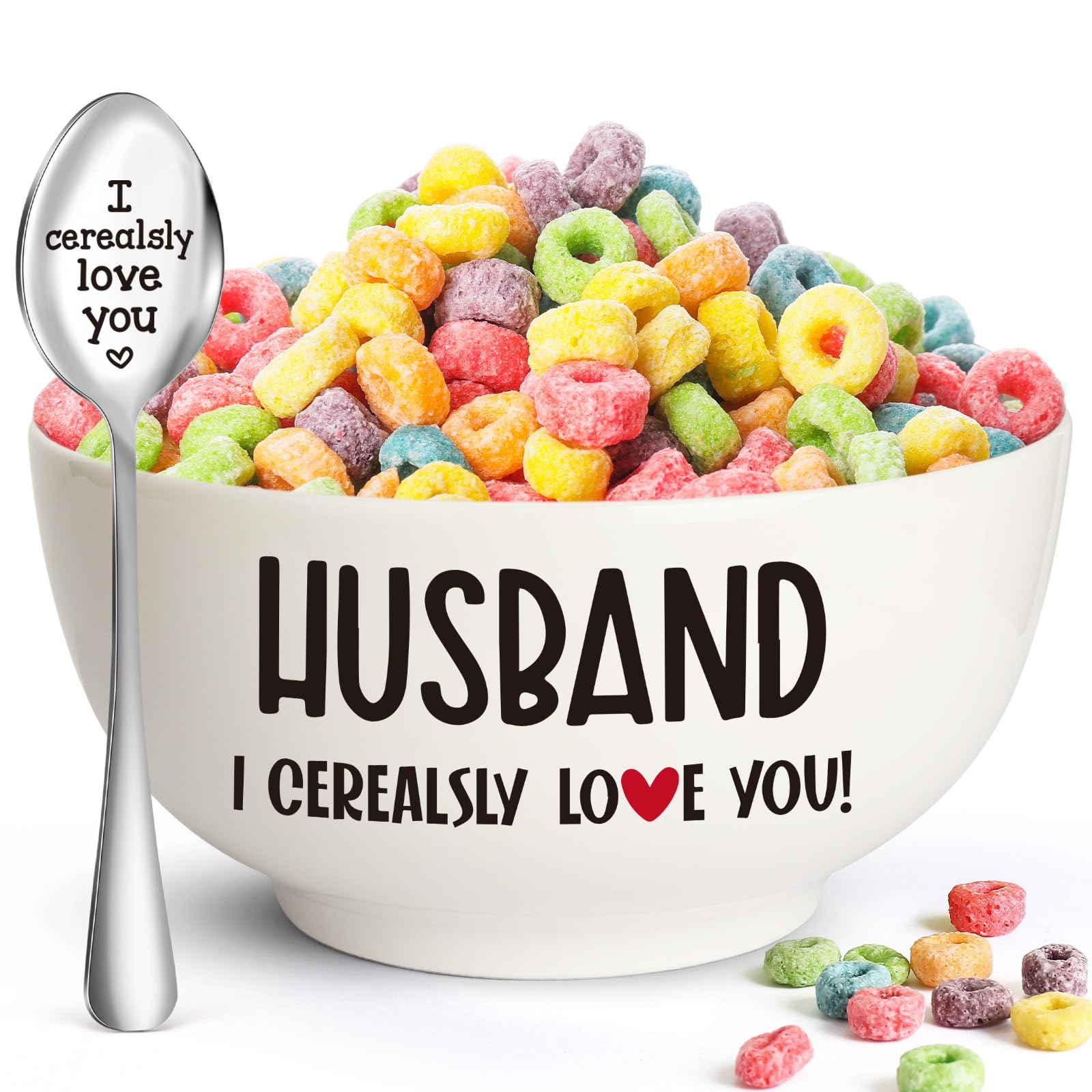 Husband Gifts from Wife, Valentines Day Gifts for Him Husband, Ceramic Bowl & Spoon Set for Cereal, Ramen, Soup, Ice Cream, Salad, Fruit - Perfect for Birthday Christmas Valentines Wedding Anniversary