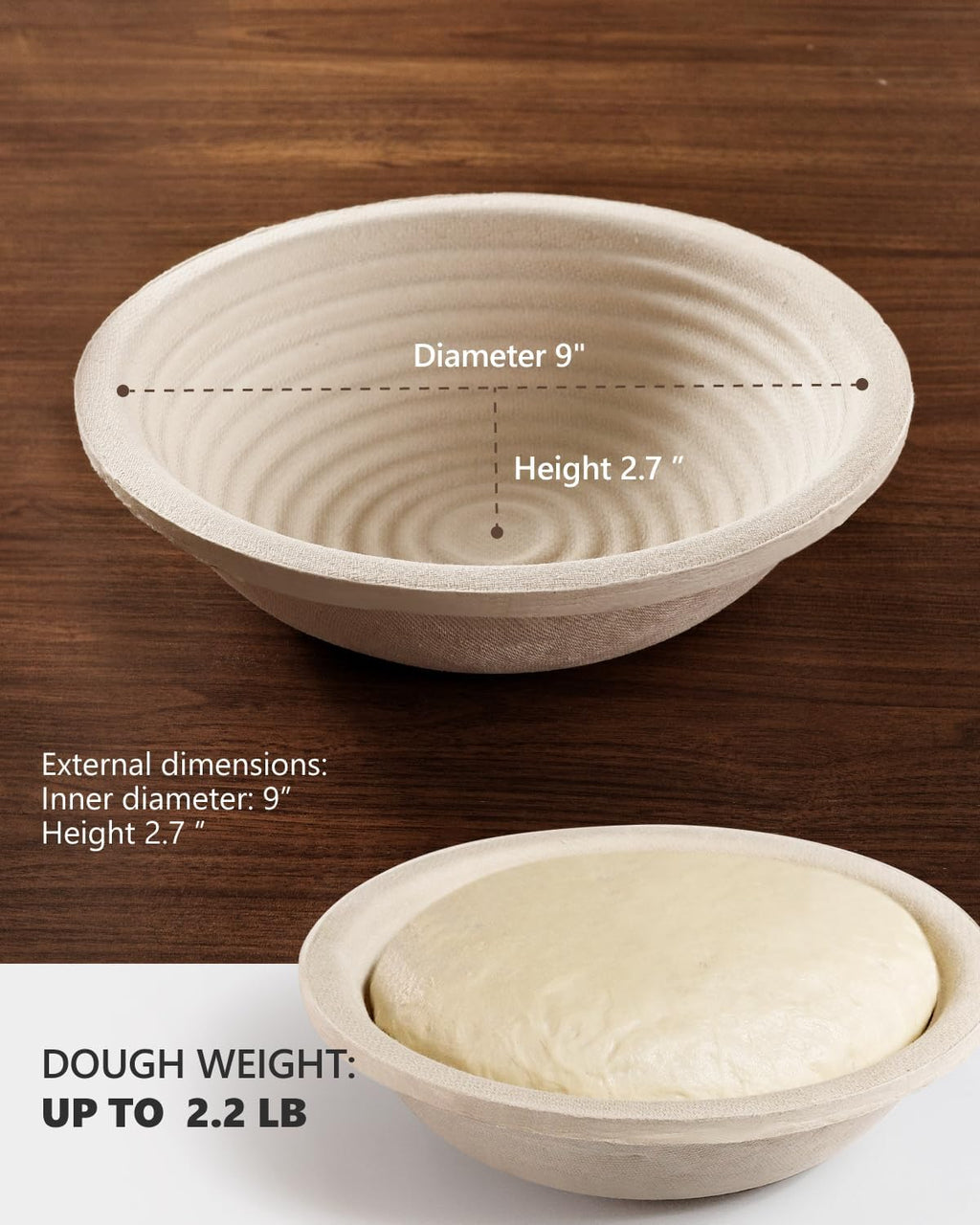 Wood Pulp Banneton Bread Proofing Baskets - Set of 2, 9-Inch Round Sourdough Baskets with Liner